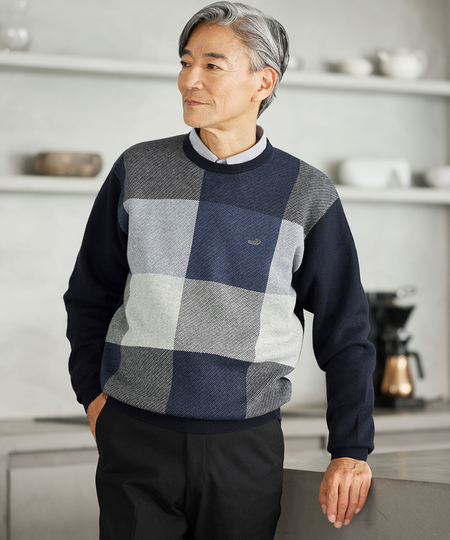 カシミヤブレンド ブロックチェック ニット【手洗いOK】