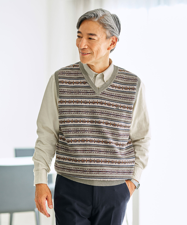 ウール フェアアイル柄 Vネック ベスト【手洗いOK】