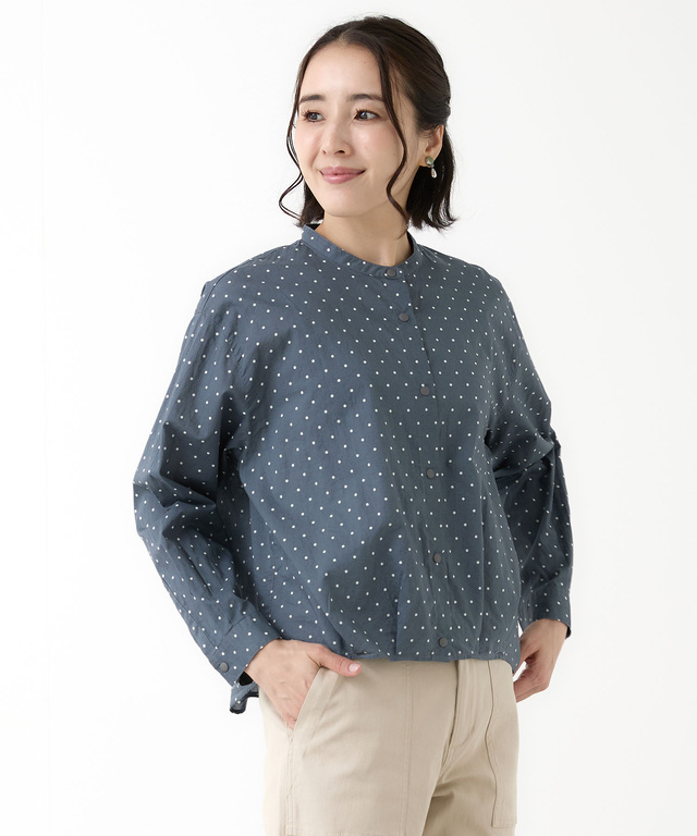 コットン バンドカラー ドット ブラウス