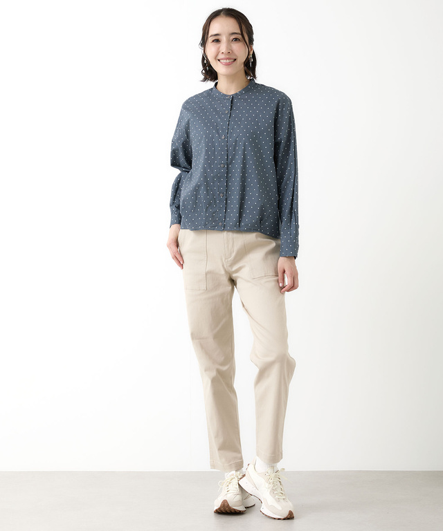 コットン バンドカラー ドット ブラウス