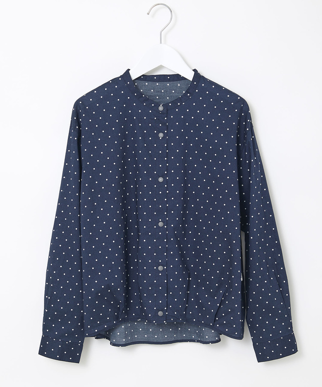 コットン バンドカラー ドット ブラウス