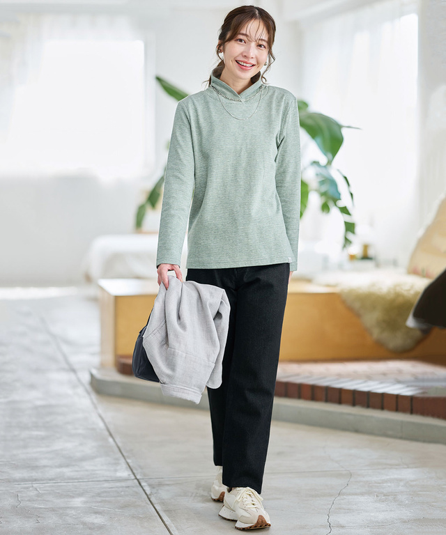  裏ボーダー ハイネック カットソー