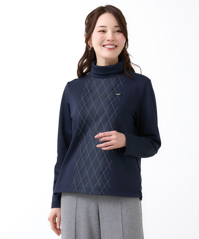 裏起毛 アーガイル ハイネックカットソー