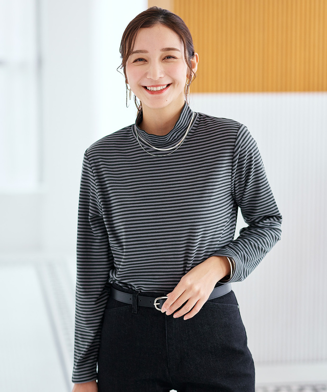 天竺 ボーダー柄 ハイネックカットソー