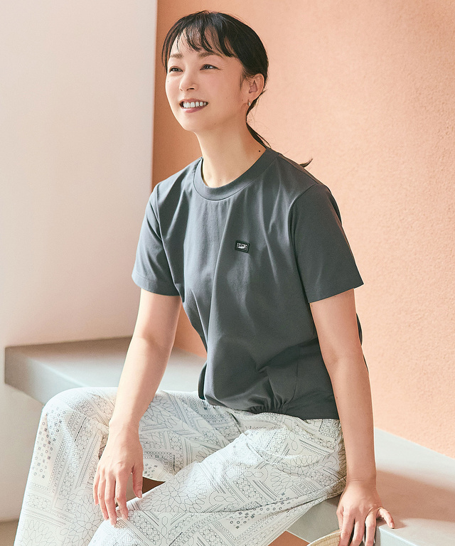 プレーティング天竺 裾ギャザー Tシャツ【接触冷感】