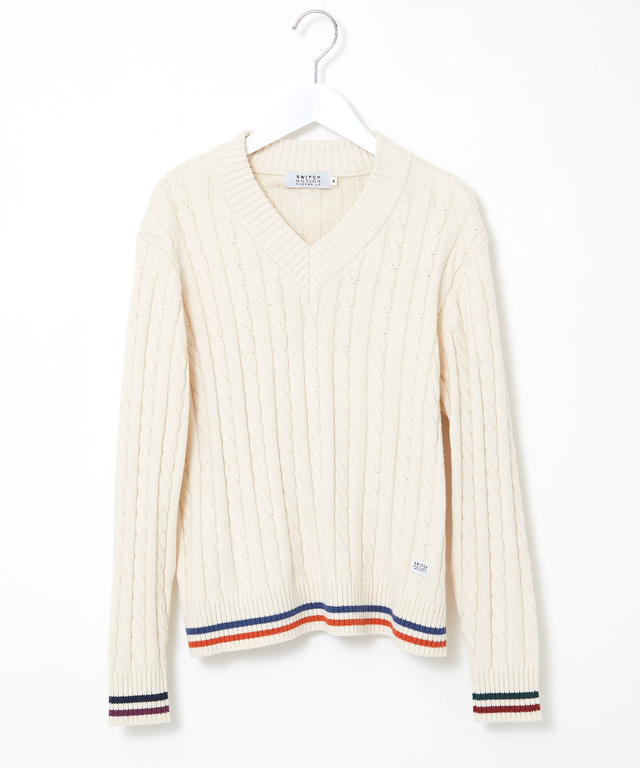 ウールブレンド  ケーブル  Vネック ニット