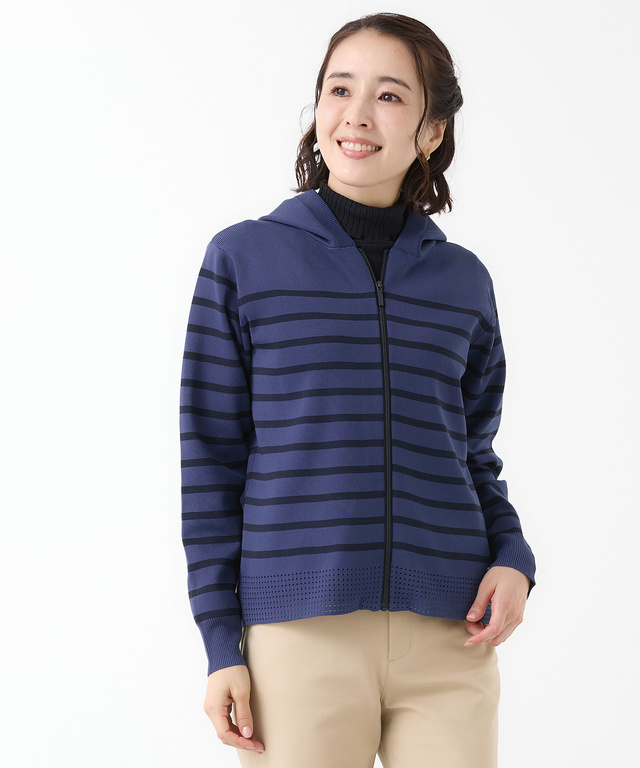 ボーダー柄 ジップアップ ニットパーカー【手洗いOK】